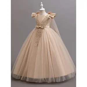 Girls' Elegant Floral Embellished Tulle Birthday Party Princess Dress - Polyester 65%, Viscose 35% - Non-Stretch Woven Fabric, Solid Color, All-Season Vest Style - Ideal Gift for Girls