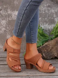 Women's Chunky Heel Sandals, Summer Hollow Out Breathable Adjustable Velcro Slip-On, Soft Sole Comfortable Casual Shoes for Daily Wear