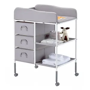 Baby Changing Table, Portable Diaper Change Station with 3 Fabric Drawers and Lockable Wheels, Adjustable Height Multi-Functional Changing Station Table with Storage Organizer Nursery, Gray