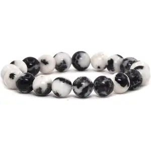 Natural Zebra Jasper Gemstone 10mm Round Beads Stretch Bracelet 7 Inch Unisex