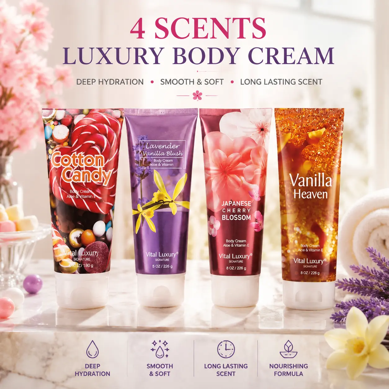 Vital Luxury 4-Scent Collection Body Cream (8oz/226g) – Japanese Cherry Blossom, Cotton Candy, Vanilla & Lavender Body Butter Lotion, Ultra Smooth & Soft Skin Moisturizer with Aloe Vera, Perfect Birthday Gift for Women, Body Care, Hydrating