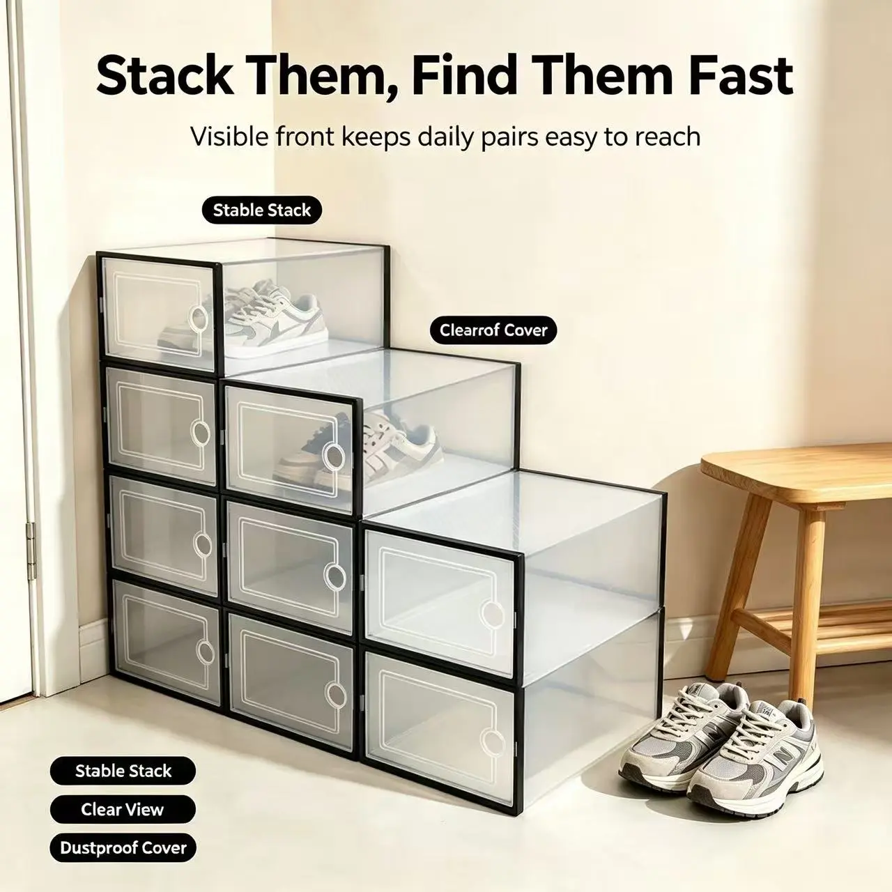 Minimalist Stackable Shoe Storage Boxes by Sohochic Homeessentia - ABS Plastic Dustproof Sneaker Display Case, Lightweight Foldable Shoe Compartment, Closet Organizer, Black/White, 6/12/24 Pcs
