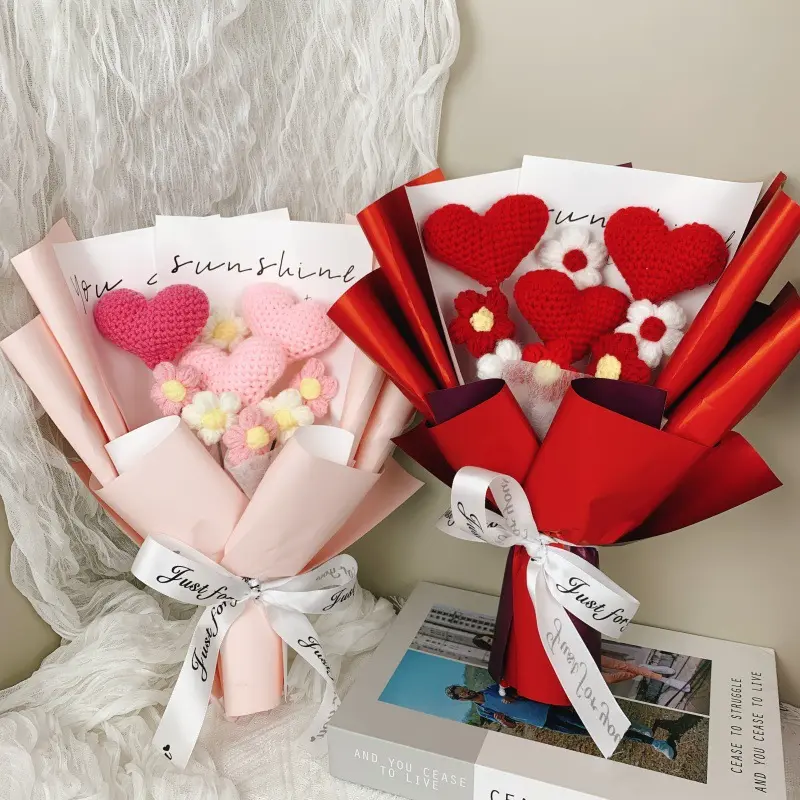Crochet Heart Shape Flower Bouquet LED Lights Gift Bag | Romantic Gift For Girlfriend Bestie Mom，gift for women, heart crochet flower, light up forever bouquet, valentine surprise gift, graduation floral keepsake, handmade heart gift