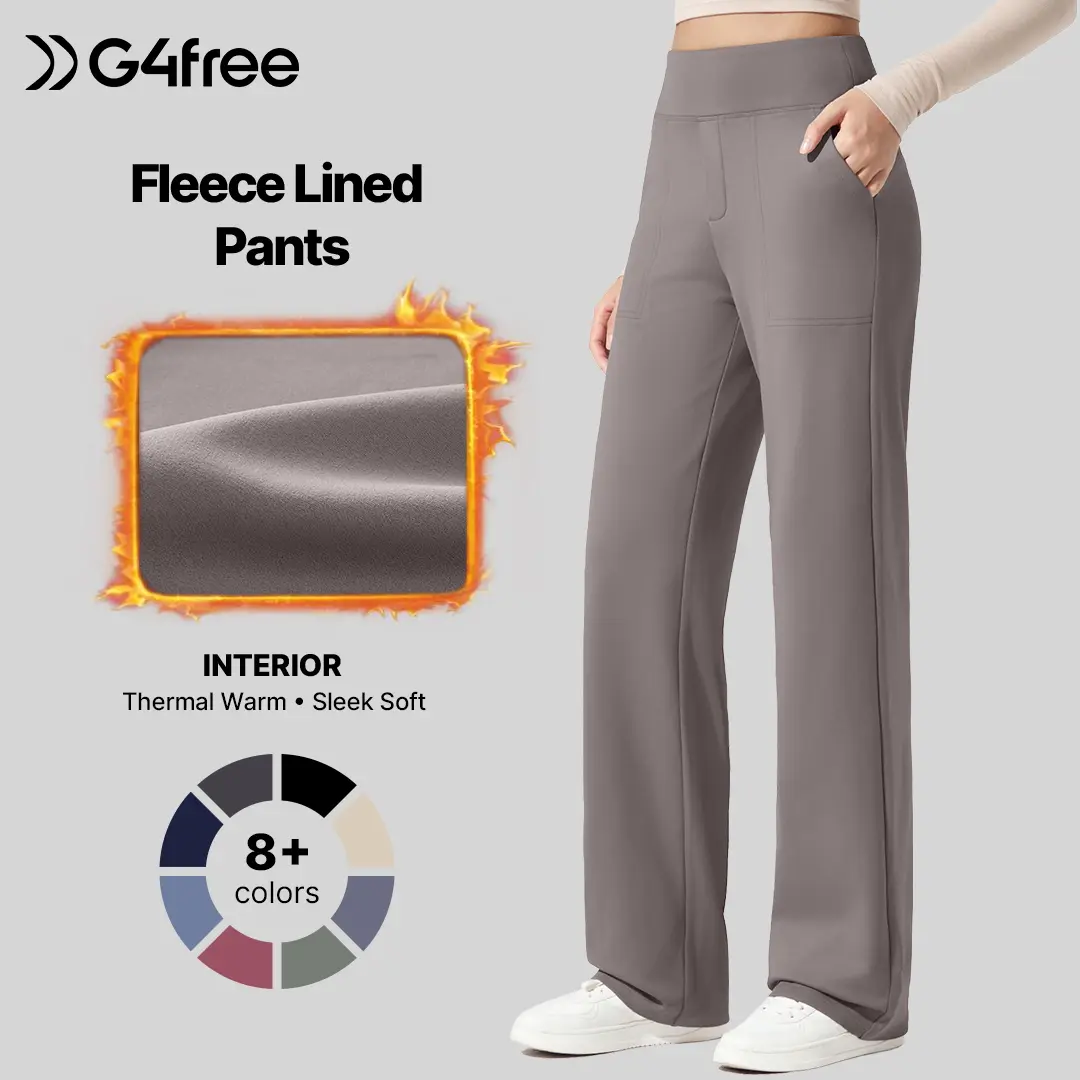 G4Free EverGoing Womens Fleece Lined Wide Leg Pull‑On Pants, Dressy for Work & Casual Outfits | Thermal Warm, Sleek Soft Fabric, Mock Fly Design, Faux Back Pockets, Side Pockets, Elastic Waist, Ideal Fall Winter Apparel,  #sohochic