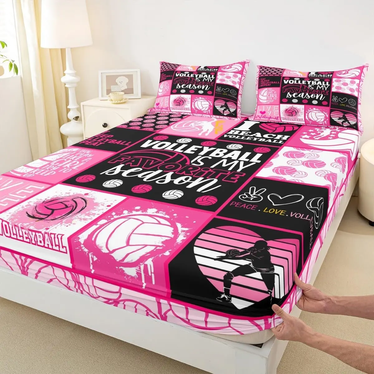 Volleyball Fitted Sheet,Geometric Plaid Patchwork Bedding Set Room Decor,Ball Sports Themed Bed Sheet Fashion Pink Black Deep Pocket Sheet