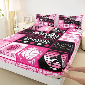 Volleyball Fitted Sheet,Geometric Plaid Patchwork Bedding Set Room Decor,Ball Sports Themed Bed Sheet Fashion Pink Black Deep Pocket Sheet