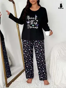 Plus Size Butterfly Print Long Sleeve Pajama Set, Casual Home Wear Loungewear, Comfortable Knit Fabric, Fall & Winter Sleepwear, 2 Piece Set
