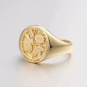 Golden Tone Seasons Coin Signet Ring, Stainless Steel Engraved Flower Medallion Band, Vintage Statement Jewelry for Women Men