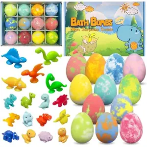 Easter Bath Bombs for Kids with Surprise Toys Inside, 12 Pack Dino Egg Bath Bombs with Dinosaur Suction Cup Toys, Easter Basket Stuffers Gifts for Boys Girls, Bubble Bath Fizzy Ball for Kids Birthday