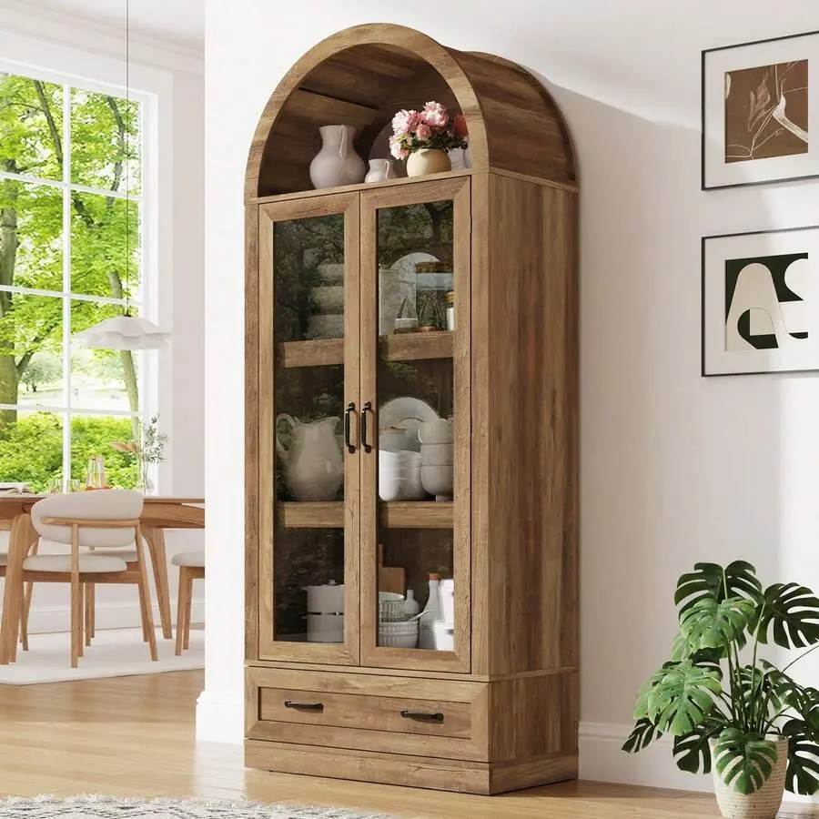 75" Tall MDF Wood Sturdy Modern Farmhouse Kitchen Pantry Cabinet - Load-Bearing Steel Pipe, Drawer, Glass Doors, Arched Design, Solid Base for Rustic Home Decor