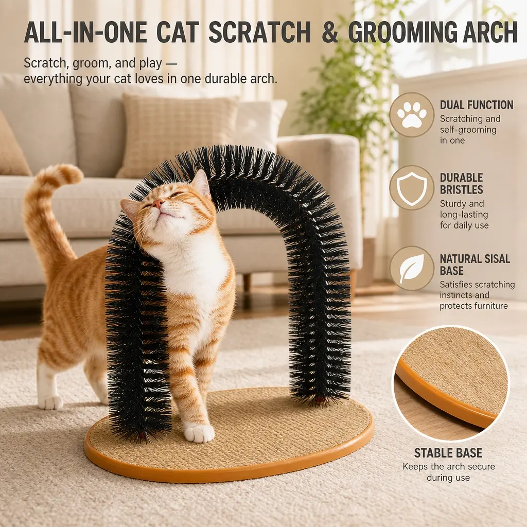 All-in-One Cat Scratch & Grooming Arch with Dual Function Durable Bristles Natural Sisal Base Stable Base for Daily Use