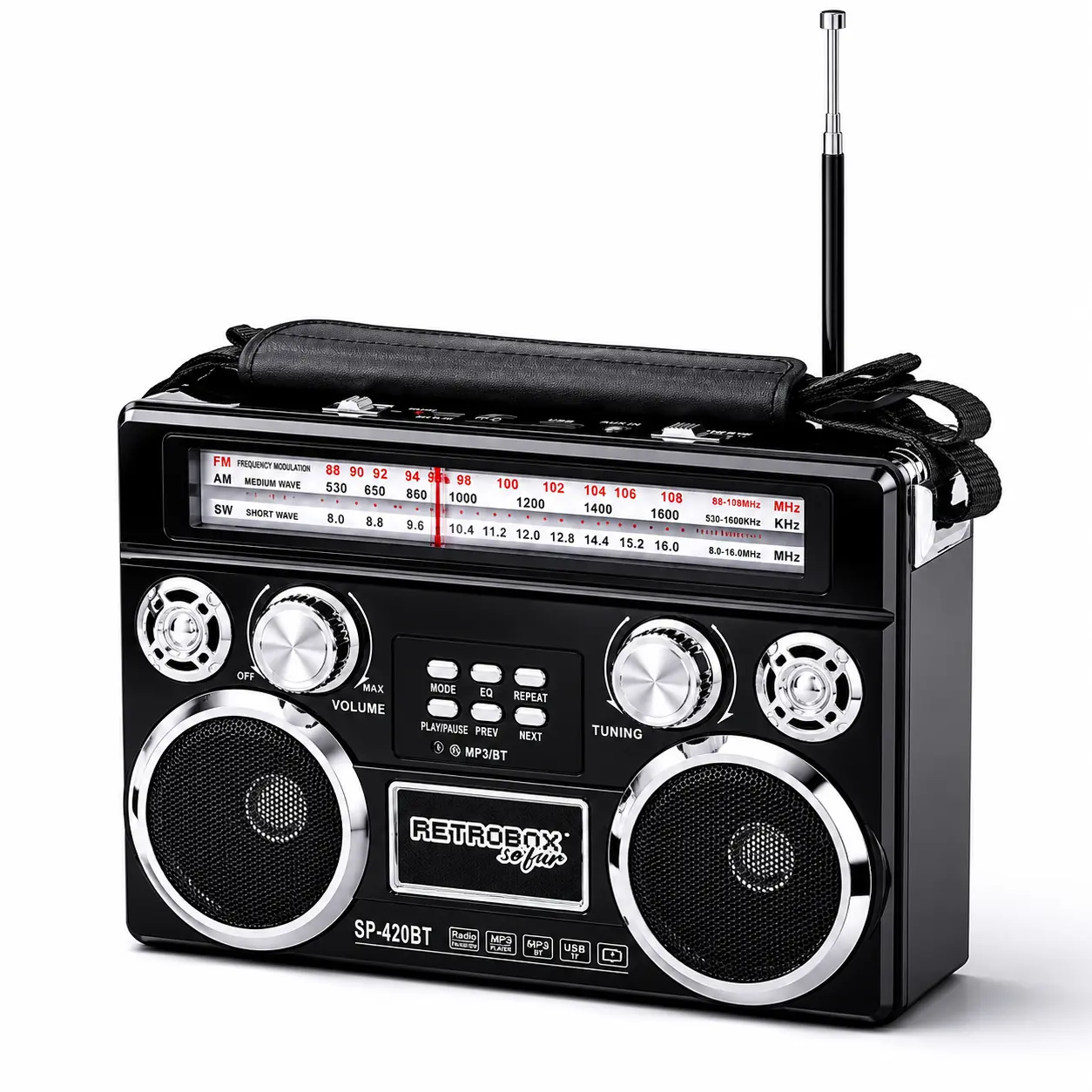 Vintage Portable Wireless Speaker, 3-Band AM/FM/SW Retro Radio with Built-In Flashlight, Rechargeable Classical Boombox with Premium Leather Handle & Telescoping Antenna