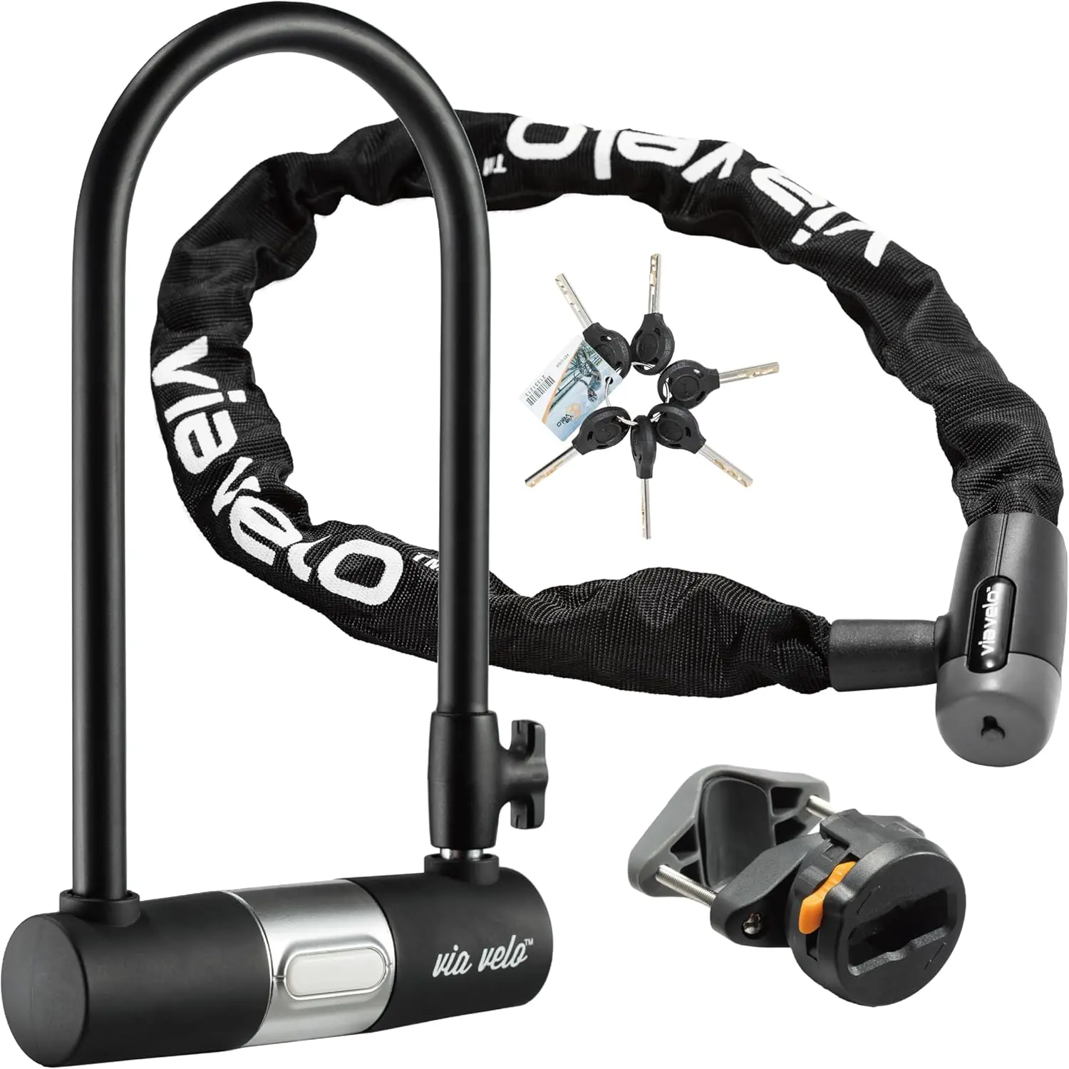 Via Velo Bike Lock 2 Sets U Lock Sold Secure Silver 15mm Shackle, 9x4.5in and Bike Chain Lock, 8mm Chain, 2.96ft Length, Same Key System 6 Keyed Alike Keys, for All Bikes, Electric Bikes