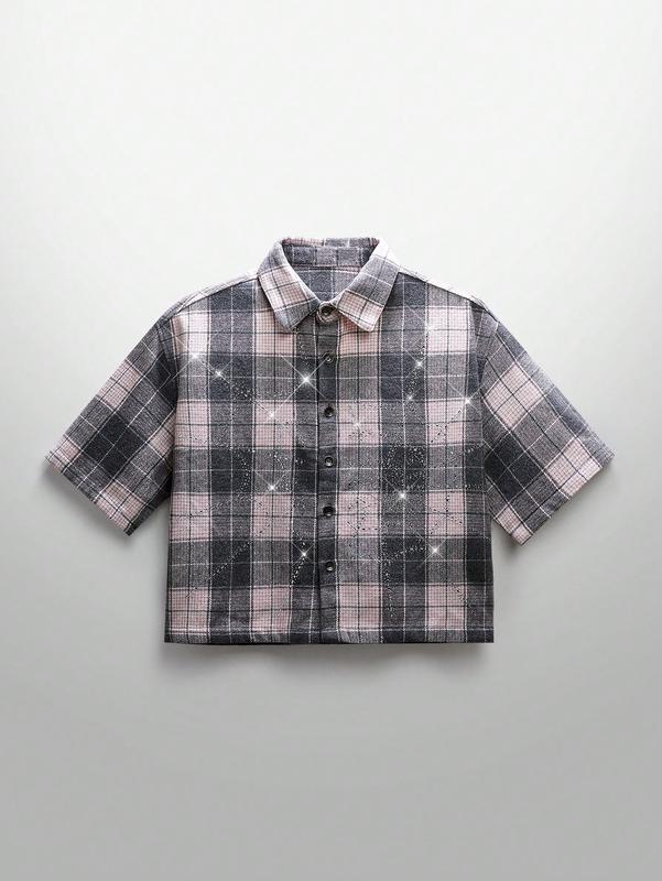 Men's Street Style Crystal Spider Web Plaid Short Sleeve Woven Shirt