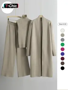 Trendy Knit Soft Turtle Neck Tank Top & Wide Leg Trousers with Open-front Long Cardigan Three-piece Loose Clothes Sets, Casual Womenswear, Long Sleeve