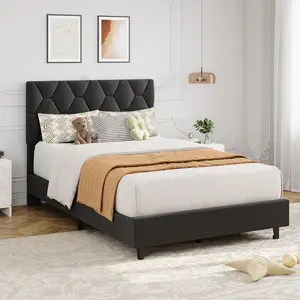 Modern Twin Upholstered Bed Frame, Adjustable Headboard, Quiet Wood Slats