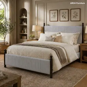 Vintage King Size Bed Frame - 48-in Striped Rubberwood Upholstered Design with Soft Padding, Solid Wood Construction, Bed With Headboard, Sturdy Platform Bed