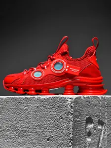 Men's Red Plus Size Functional Sneakers, Knit & Leather Splicing, Shock Absorption, Street Style & Training