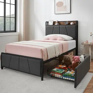 King Size Bed Frame with 2 Storage Drawers and Charging Station  Linen Upholstered Platform Bedframe with Storage Headboard  No Box Spring Needed  Noise Free  Easy Assembly  Grey