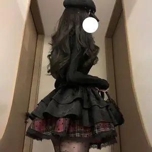 French Audrey-inspired princess-style edgy long-sleeve cardigan puff dress in red/black plaid — casual women’s wear