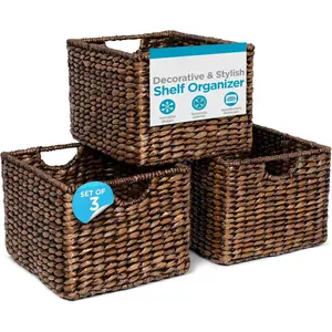 Storage Shelf Organizer Baskets with Handles - Handwoven Abaca Seagrass Wicker Basket for Pantry, Living Room, Office & Bathroom, Versatile Under Shelf Storage - Set of 3, Brown Wash