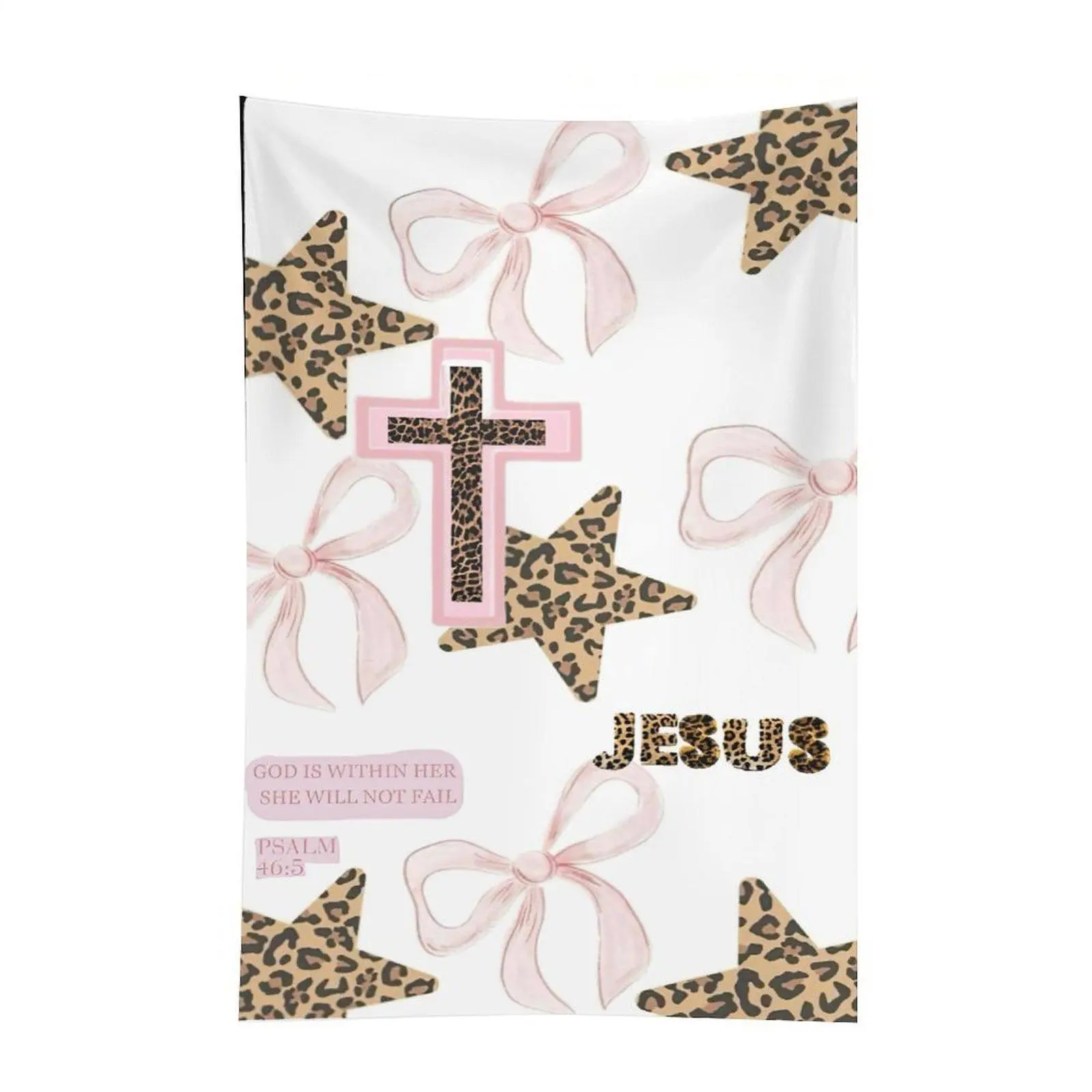 Pink Bow Leopard Cross Tapestry, Jesus Christian Wall Hanging, Girly Faith Bedroom Decor