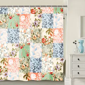 Shower Curtains for Bathroom, Boho Shower Curtain, Vintage Boho Floral Bathroom Decor Bath Curtain, Mid Century Waterproof Retro Farmhouse Patchwork Floral Shower Curtain, 72 X 72 Inches