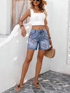 Women's Denim Shorts, Rose Embroidery, High Waist Loose Fit, Casual Streetwear, Summer, Music Festival Fashion, Daily Wear