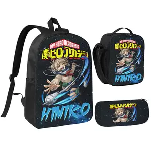 Three Piece Set My Hero8 Printed Backpack Waterproof Curved Adjustable Shoulder Strap High Capacity Mesh Messenger Bag