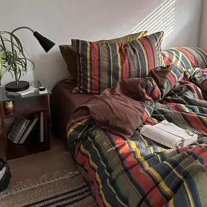 Striped Duvet Cover Queen Size - 3 Textured Jacquard  Washed, , Colorful Striped Pattern Printed Comforter Cover for Seasons