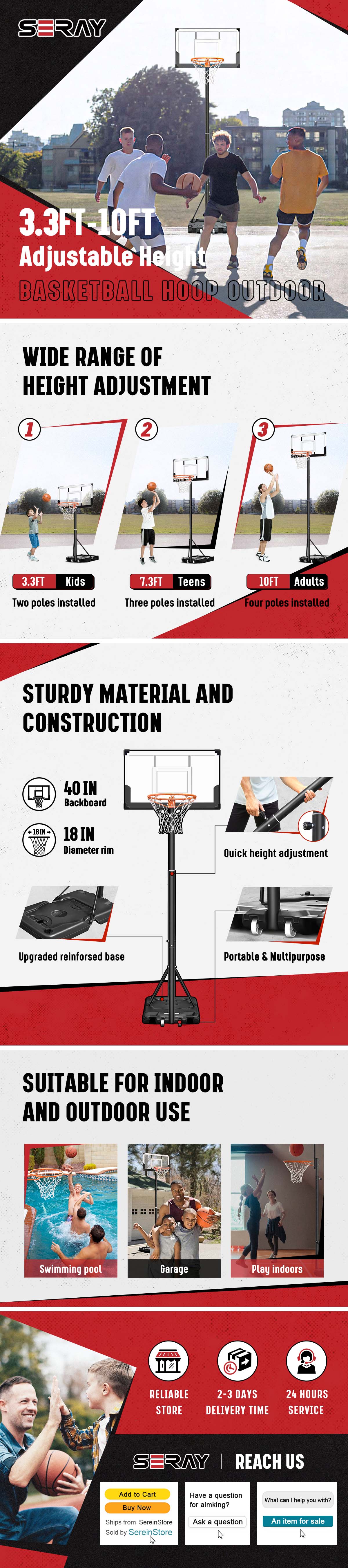 Seray Kids Basketball Hoop 3.2 to 7.2FT 10s-Quick-Adjust, Toddler 29In Backboard Portable Basketball Goal, Mini Hoop Indoor Basketball Court Outdoor & Pool Play Sets, Home Sports for Teens Boys & Girls, Birthday Gift Idea