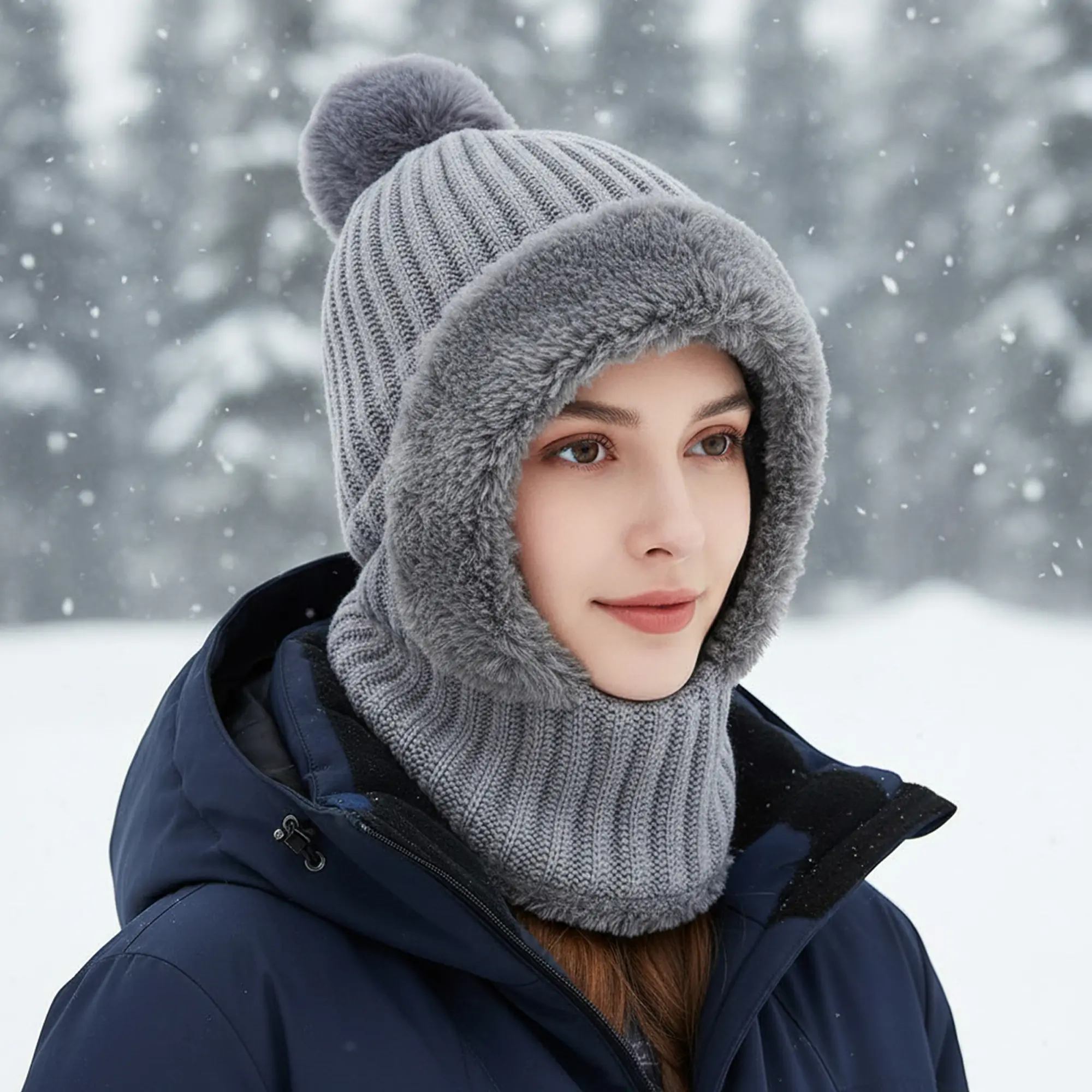Women's Wool Hooded Balaclava - Fleece-Lined Sports Beanie Hat with Neck Warmer for Cold Weather Female Outdoor Use, M, Knit, Outdoor Sports, Medium Size
