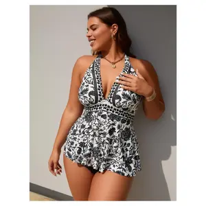 Plus Size Bikini Set - Women's Retro Floral Halter Swimsuit - Black & White Two Piece Bathing Suit with Removable Cups - Curve & Comfort
