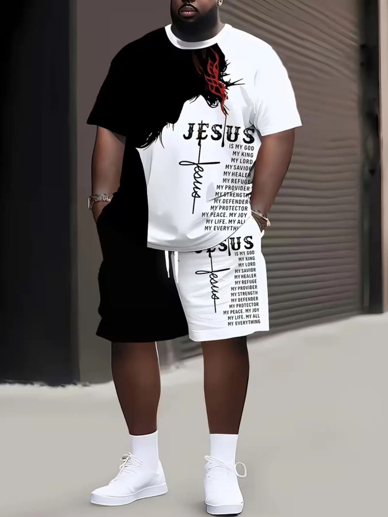 Men's Large Size Relaxed Fit Jesus Theme Letter Print Summer Set, Clothes, Short Sleeve Round Neck T-Shirt and Elastic Waist Shorts with Pockets