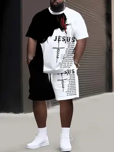 Men's Large Size Relaxed Fit Jesus Theme Letter Print Summer Set, Clothes, Short Sleeve Round Neck T-Shirt and Elastic Waist Shorts with Pockets