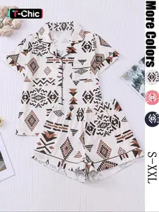 Women's Button Up Shirt & Shorts Pyjama, Casual Comfy Short Sleeve Top & Shorts PJ Set, Ladies Sleepwear for All Seasons, Loungewear, Pajamas