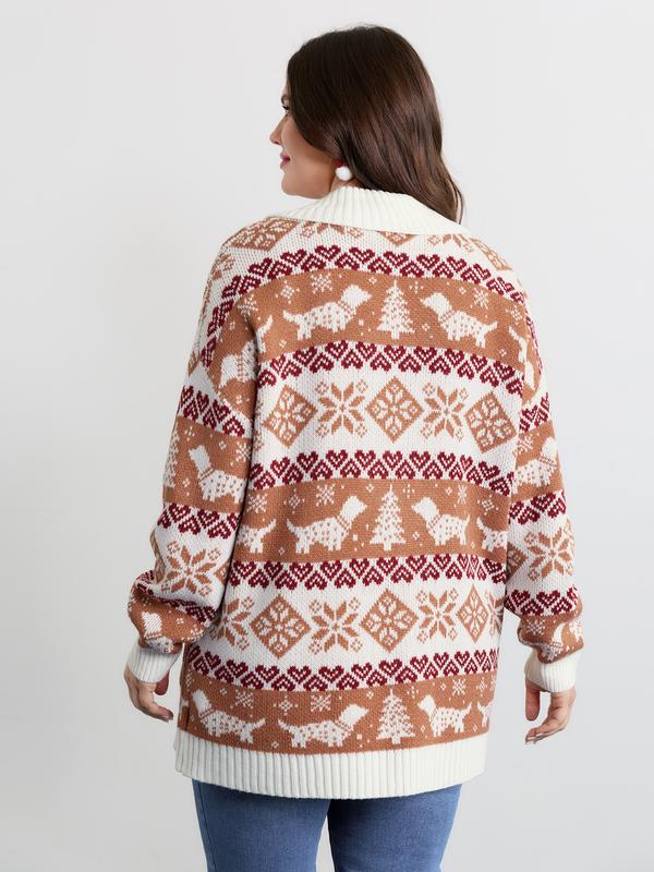 BLOOMCHIC Holiday Pattern Jacquard Shawl Collar Cardigan Casual Long Sleeve Kimono Geometric Knitwear Loose