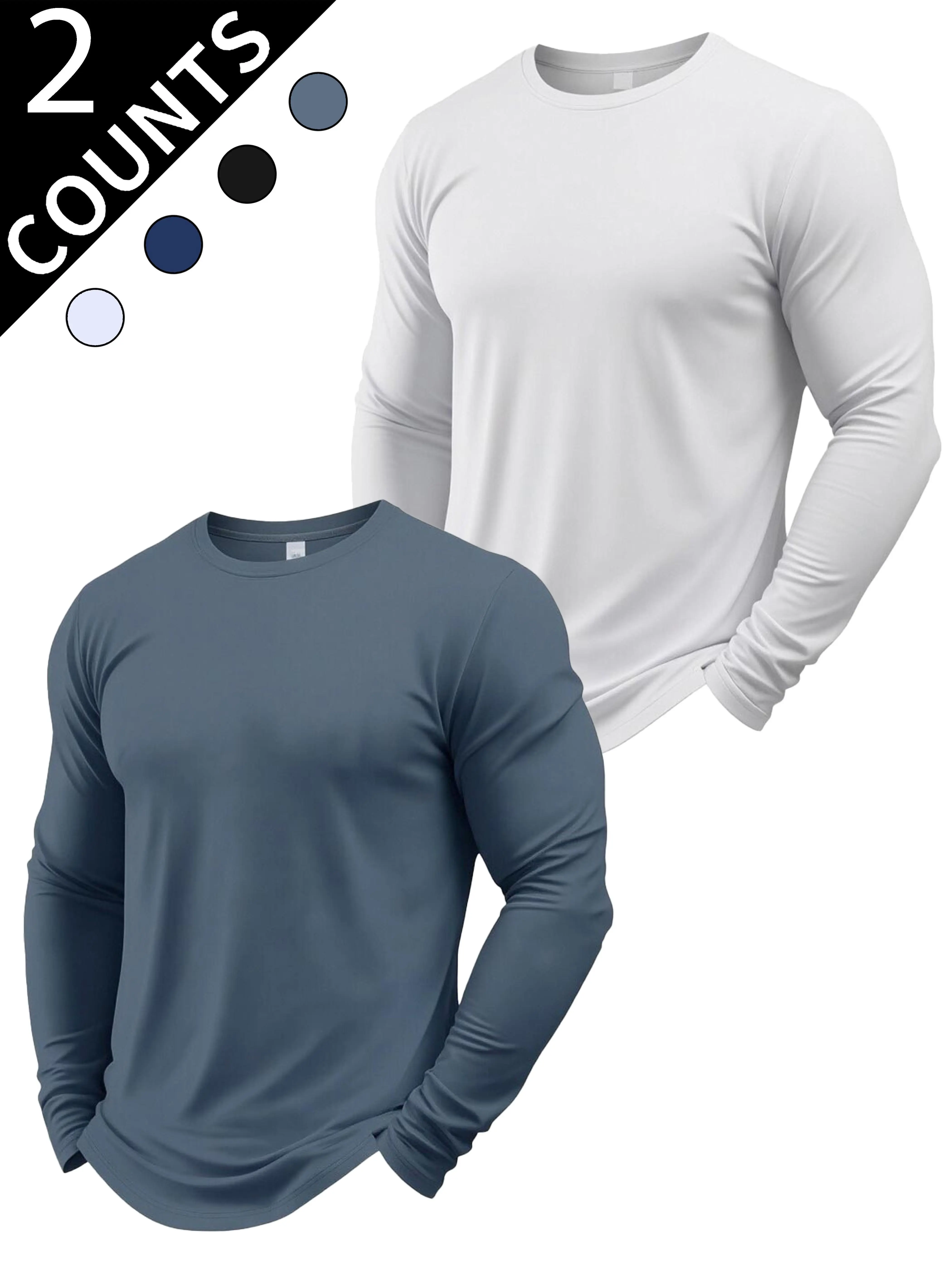 Men's 2026 2-Pack Plain Round Neck Long-Sleeve T-Shirts, Essential All-Matching Basic Tops, Soft Skin-Friendly Fabric for All-Day Comfort, Tidy Silhouette for Year-Round Wear,clothes for back to school,first day of school outfits