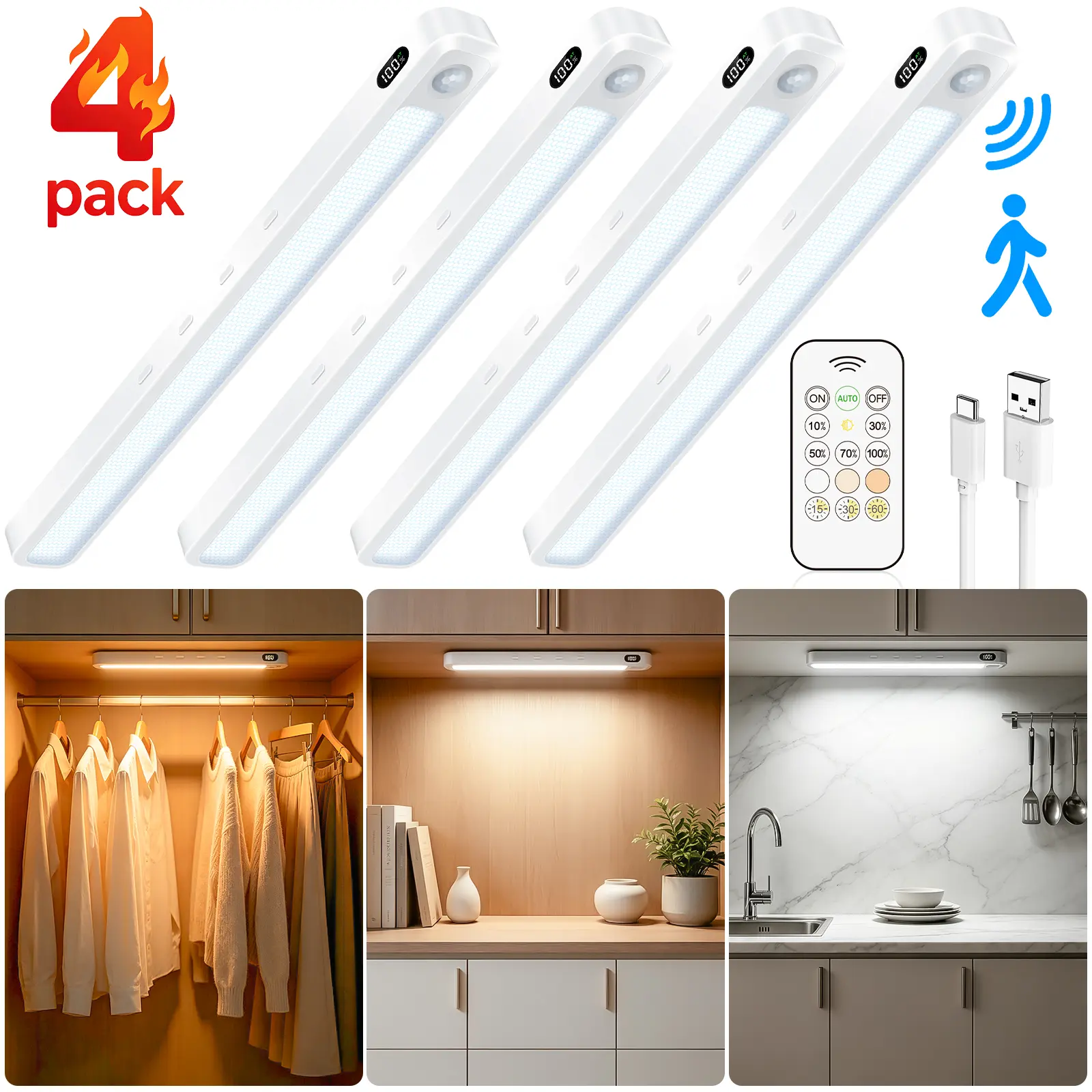 WILLED Under Cabinet & Closet Lights, Motion Sensor, Rechargeable, Magnetic, 3 Color Temps, Dimmable LED Light Bar for Indoor Kitchen Counter, Adjustable Lights, Automatic Closet Light