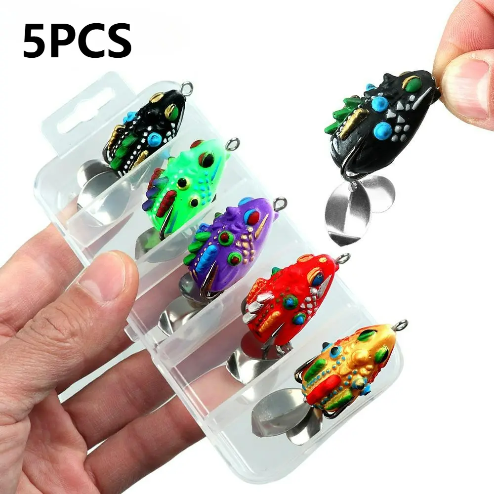 5-Piece Soft Artificial Fishing Lures Set, Spin Casting Topwater Frog Bait with 2 Hooks, Bass & Equipment Lures for Snakehead & General Fish Families, Bass Fishing Lures