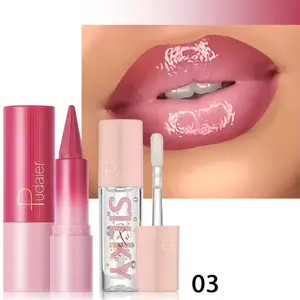 Pudaier 2 in 1 Matte Lip Liner + Shiny Mirror Lip Gloss Kit, Hydrating Non-sticky Lip Cosmetics Set Waterproof, Long-Lasting Lip Plumping Makeup – Perfect for Everyday Wear and Parties