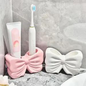 Bowknot Design Toothbrush Holder, 1 Count Ceramic Toothbrush Storage Rack, Bathroom Supplies for Home Hotel Salon Dormitory