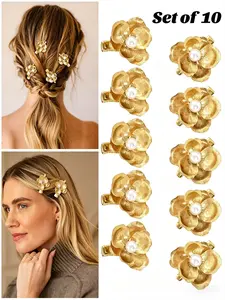 10 Pack Golden Flower Hair Clips for Woman, Small Hair Claw Clips with Pearl Accents, Metal Alligator Hair Barrettes Hair Clips for Styling, Gift Ready Floral Hair Accessories, Wedding Hair Accessories, for hairstyling, parties, holidays, festivals