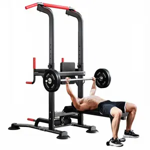 Multi-function Pull Up Bar Dip Station, Freestanding Power Tower with Folding Dumbbell Bench, Height Adjustable for Home Gym, 330 LBS Weight Capacity Full Body Strength Training Indoor Fitness Workout Equipment
