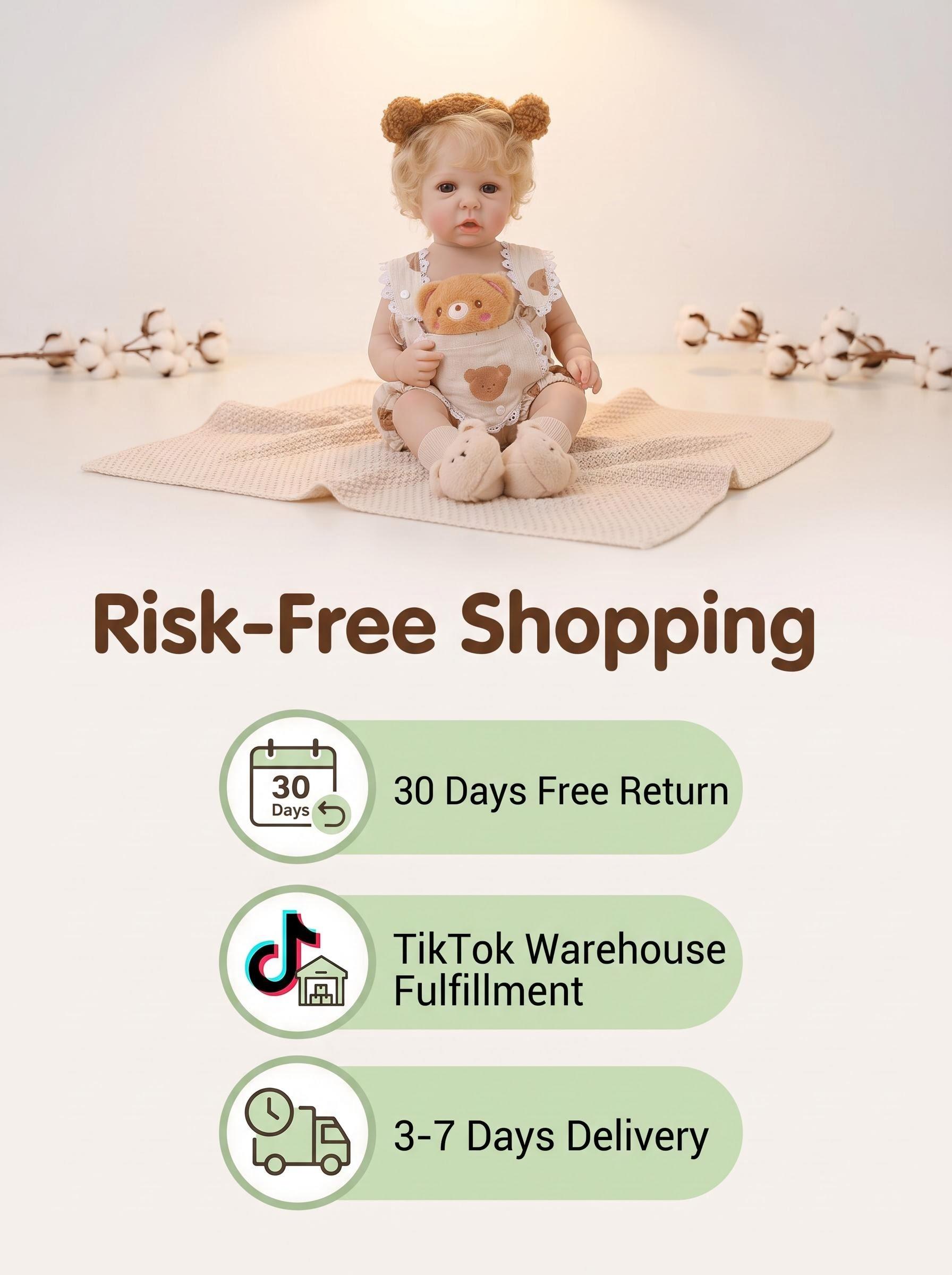 18 Inch Full Body Vinyl Open Eyes Reborn Baby Doll, Khaki Sleeveless Bear Pattern Romper with Lace Trim, Bear Ear Headband & Bear Socks, Reborn Doll CPC Certified Realistic Reborn Baby Doll, Christmas Gift,  Handmade, Collectible, Toy, Gift for Girls