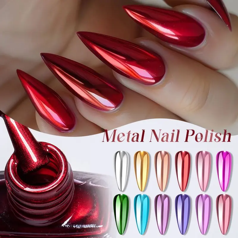 MTSSII 7.5ml Mirror Effect Metallic Iridescent Chrome Nail Polish, Metallics, 12 Colors No Bake Required Shining Chrome Nail Polish Natural Quick Dry Formula, Chrome Finish, Salon-Style Nail Art DIY, Alcohol-Free, Finger Nail Polishes