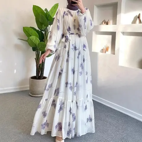 Women's Elegant Modest Belted Chiffon Watercolor Floral Print Maxidress - Long Balloon Sleeves, Round Neck, Cinch-Waist Tie, Breathable Drape, Tiered, Loose-Fitting, Light Purple, Bohemian Islamic Dress for Garden Parties (maxidresswomen, Women's Dresses)