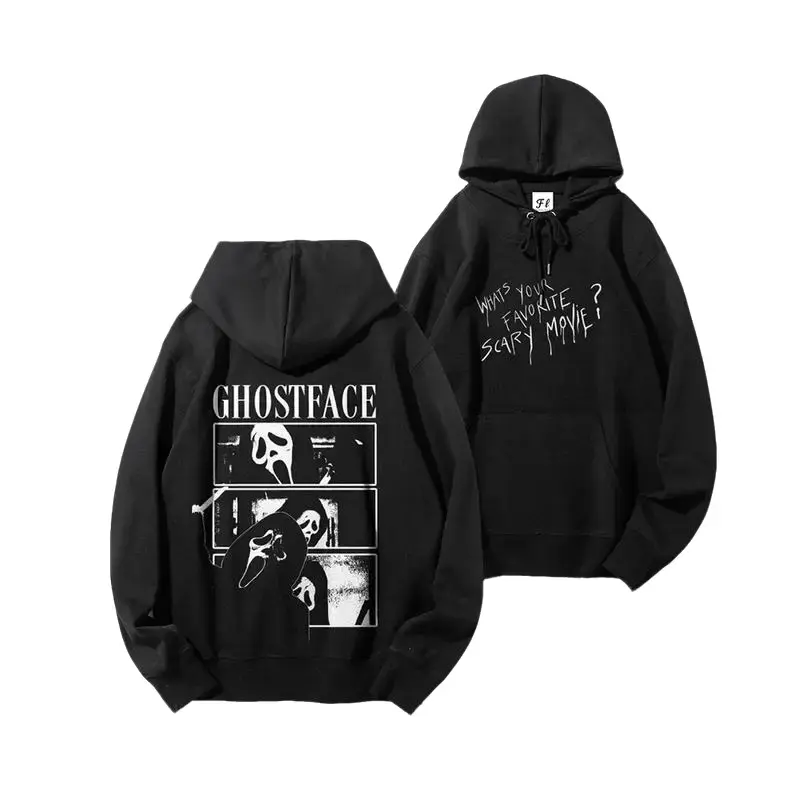 Vintage Scream Ghostface Graphic Hoodie for Men Women, Unisex Retro Movie Portrait Acid Wash Streetwear Sweatshirt