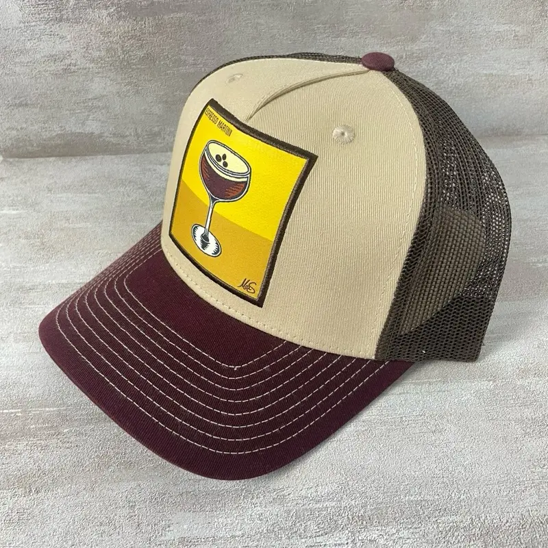 Martini Espresso Unisex Hat - Beige & Maroon Trucker Cap with Iconic Martini Design