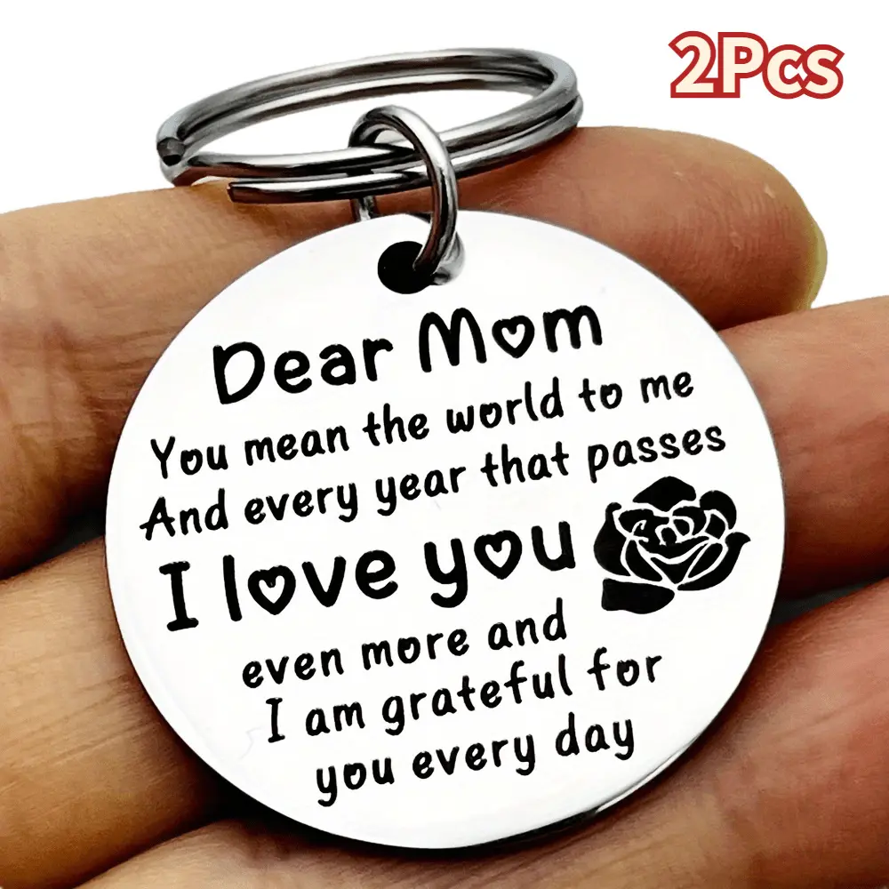 2-Piece Stainless Steel Keychain Set for Mom, Personalized Circular Pendants with Engraved "I Love You" and Matching Rose Charm, Engraved Slot, Rose Design, Circular Charm, 2-Pcs, Customized